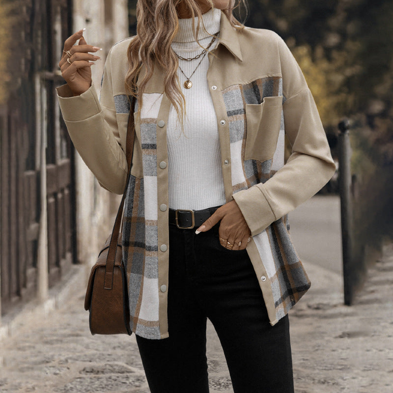 Lapel Pocket Plaid Colorblock Coat