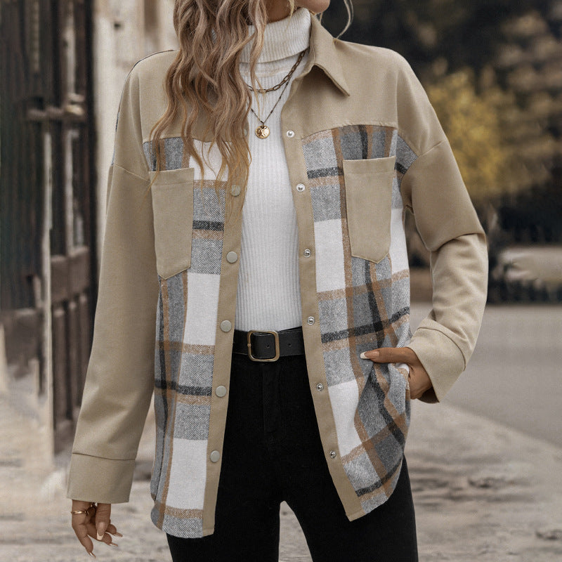 Lapel Pocket Plaid Colorblock Coat