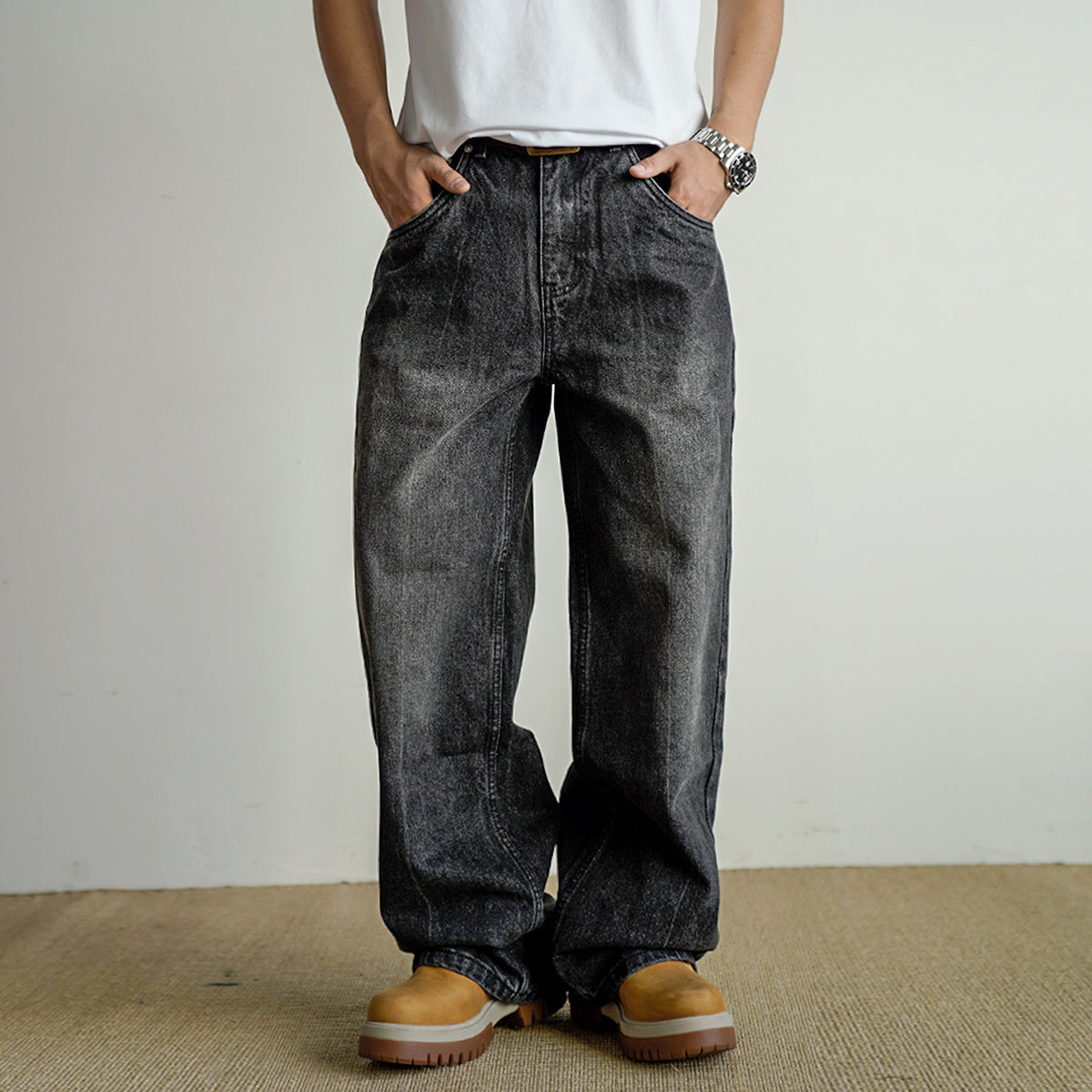 Loose Straight Washed Distressed Black Jeans