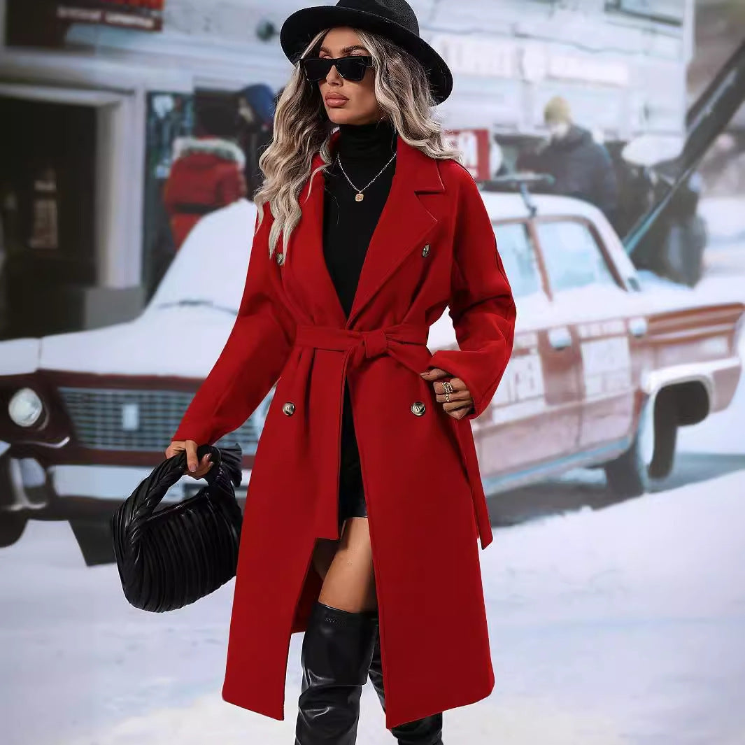 Autumn And Winter Solid Color Double Breasted Lace-up Woolen Coat