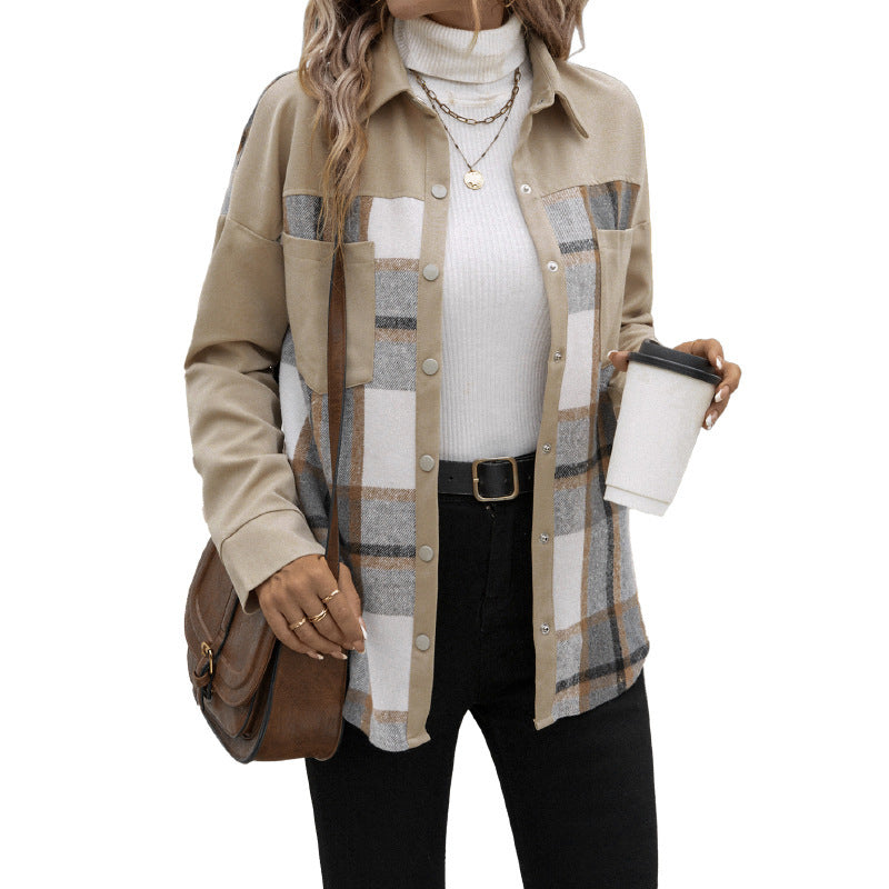 Lapel Pocket Plaid Colorblock Coat