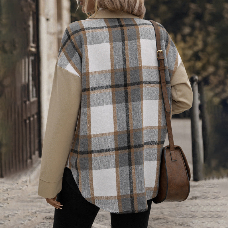 Lapel Pocket Plaid Colorblock Coat