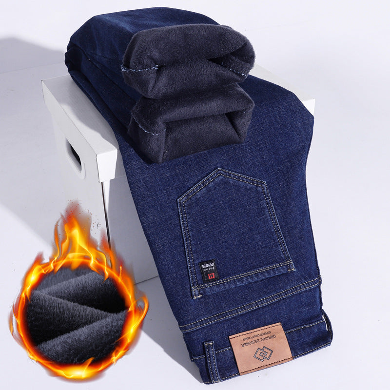 Winter Fleece-lined Thick Jeans Men's Plus Size Loose Straight Casual Trousers